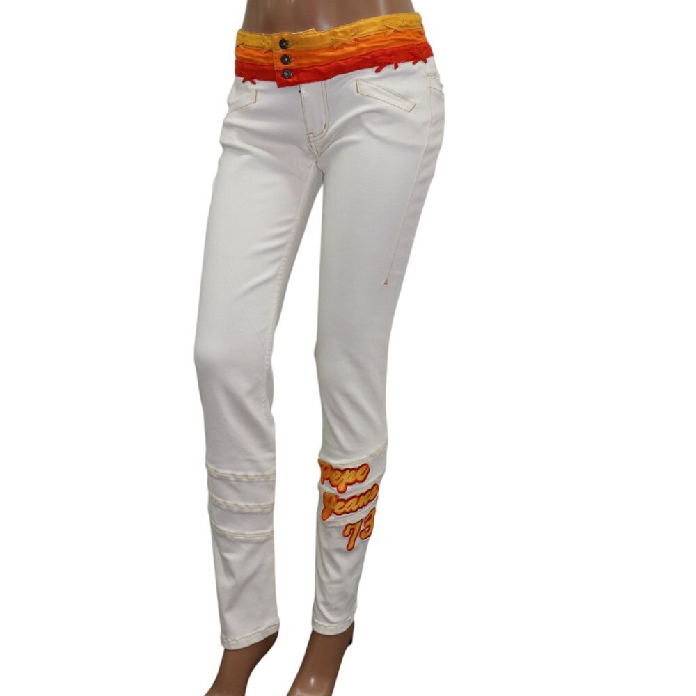 Vintage Y2K Mid Rise Pepe Jeans 73 White Skinny Pants Retro Patch Size 27